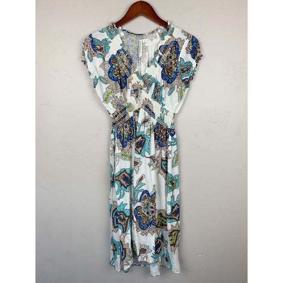 Overdrive Dresses & Skirts - Overdrive Floral Boho Dress Smocked White Blue Short Sleeve Women's M